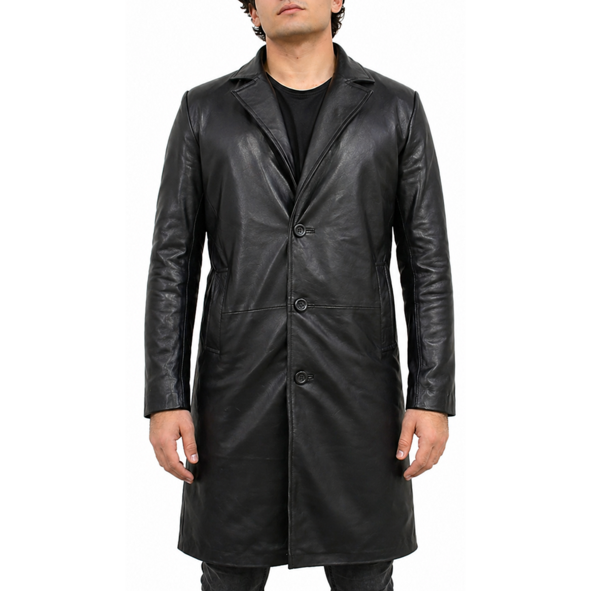 Men's black Mid-Length Genuine Lambskin Leather Trench Coat Men's black Mid-Length Genuine Lambskin Leather Trench Coat