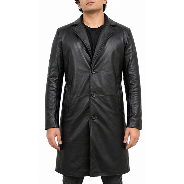 Men's black Mid-Length Genuine Lambskin Leather Trench Coat