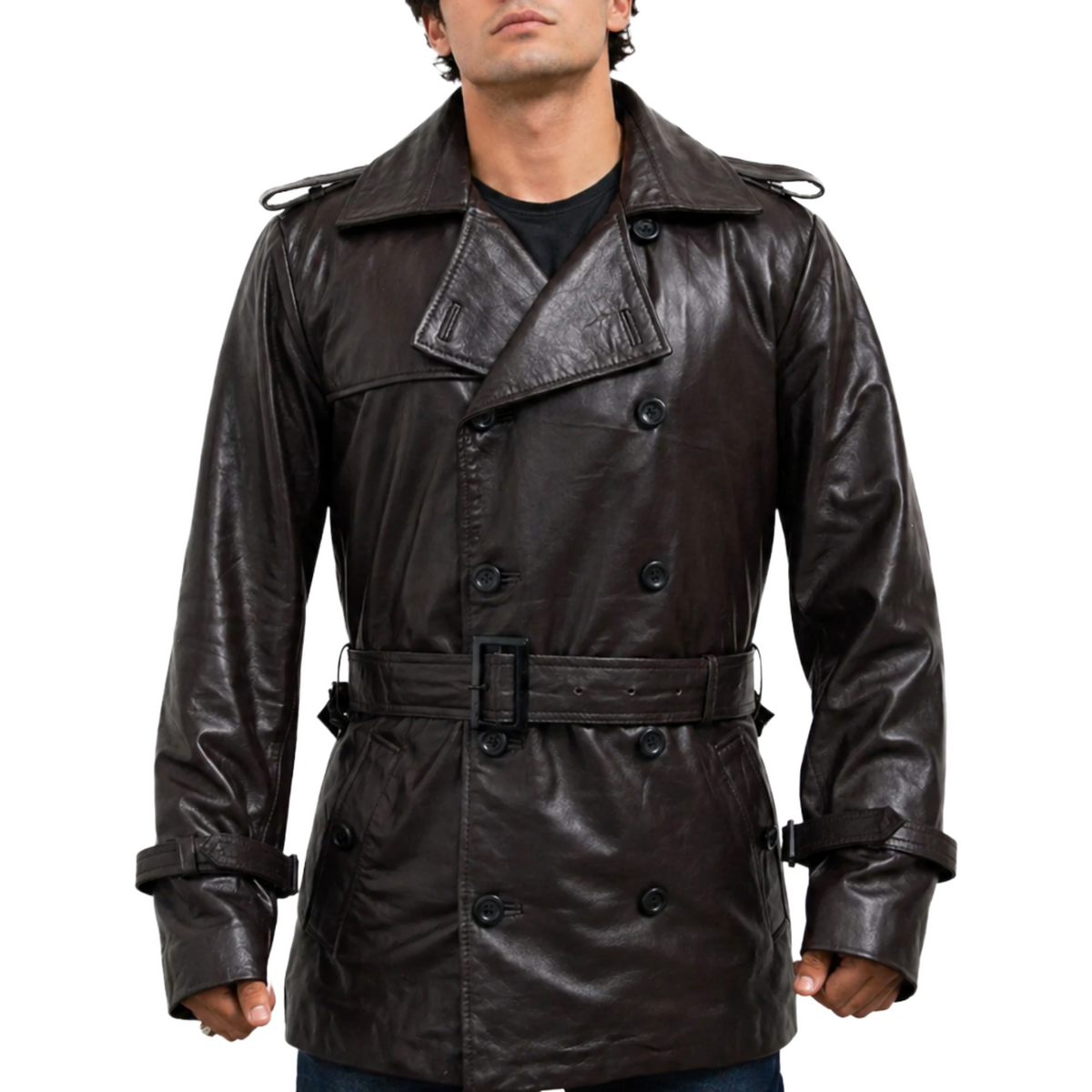 Men's Brown Waxed Belted Mid-Length Genuine Sheepskin Leather Trench Coat