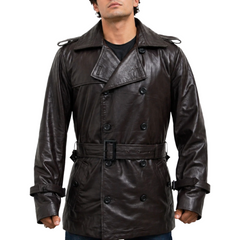 Men's Brown Waxed Belted Mid-Length Genuine Sheepskin Leather Trench Coat