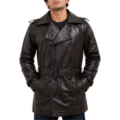 Men's Brown Waxed Belted Mid-Length Genuine Sheepskin Leather Trench Coat