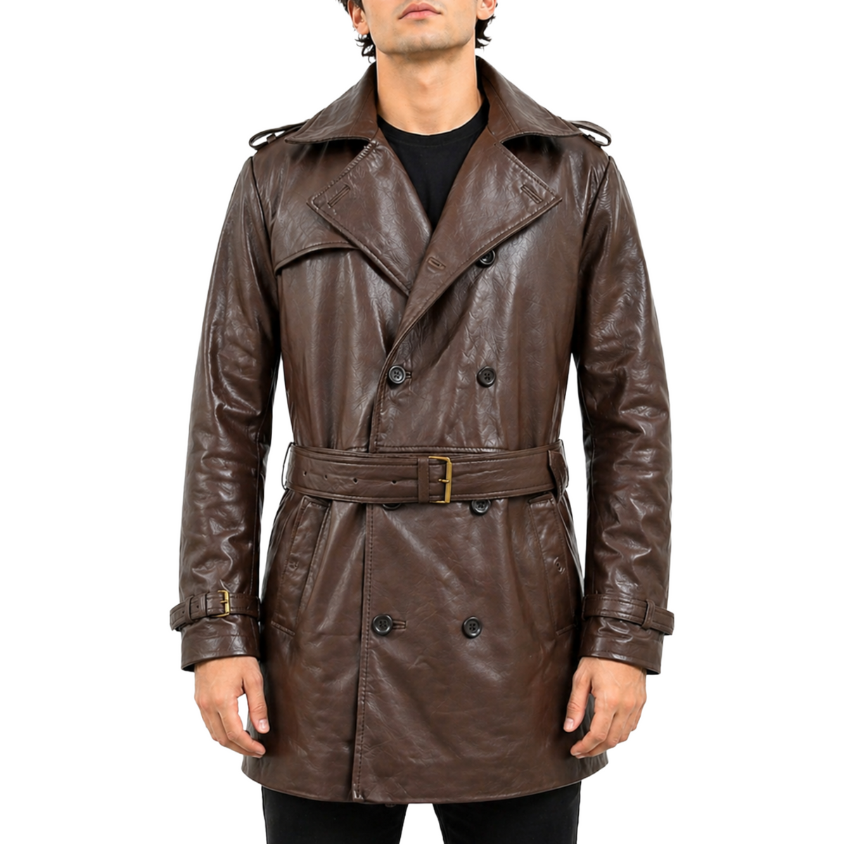 Men's Brown Belted Mid-Length Genuine Sheepskin Leather Trench Coat