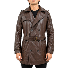 Men's Brown Belted Mid-Length Genuine Sheepskin Leather Trench Coat
