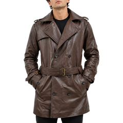 Men's Brown Belted Mid-Length Genuine Sheepskin Leather Trench Coat