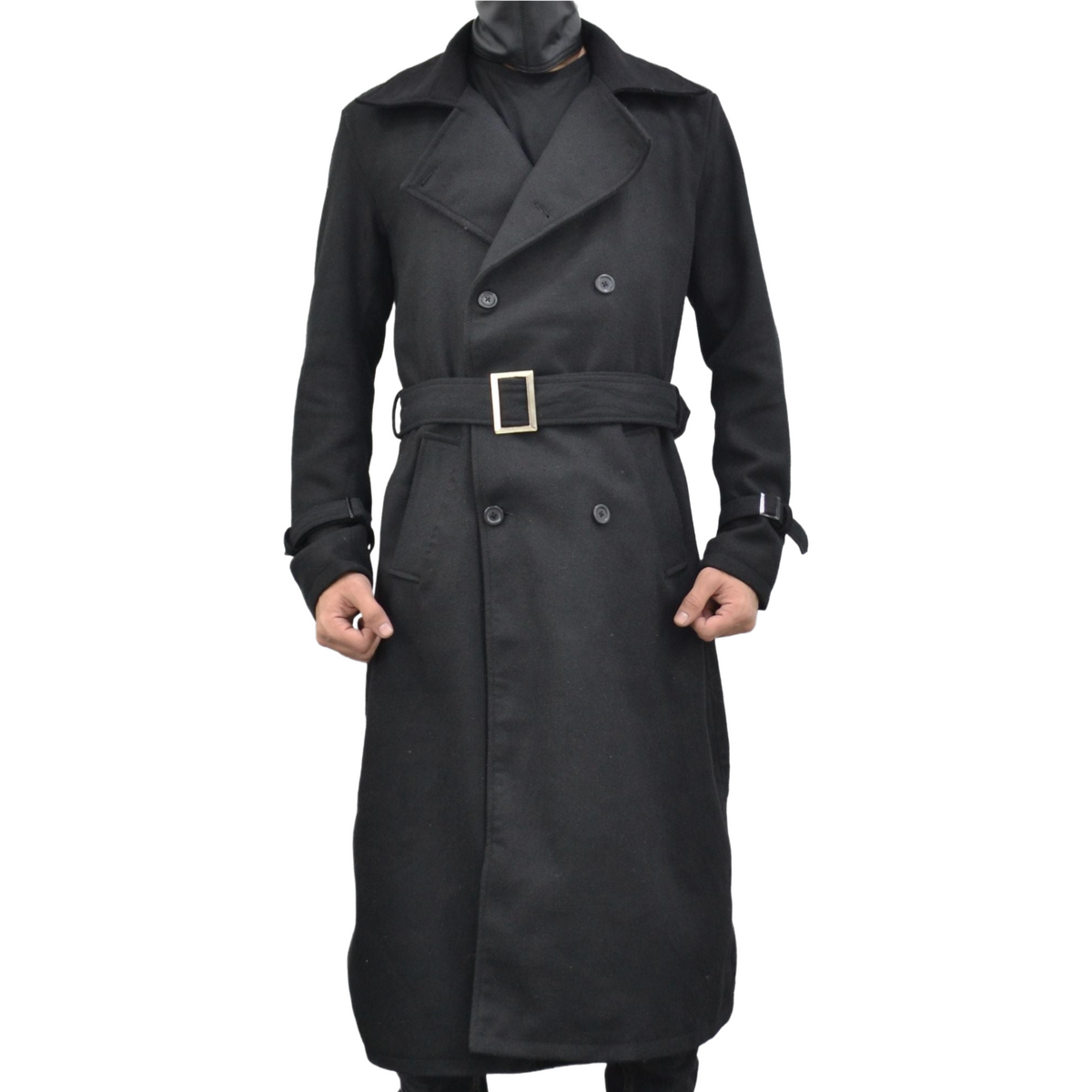Men's Long Black Double-Breasted Genuine Wool Belted Trench Coat