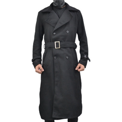 Men's Long Black Double-Breasted Genuine Wool Belted Trench Coat