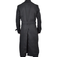 Men's Long Black Double-Breasted Genuine Wool Belted Trench Coat