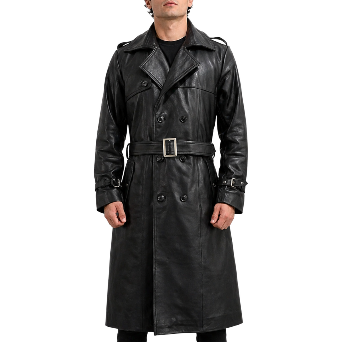 Men's Classic Belted Single Breasted Black Genuine Leather Trench Coat