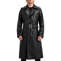 Men's Classic Belted Single Breasted Black Genuine Leather Trench Coat