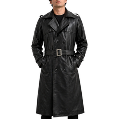 Men's Classic Belted Single Breasted Black Genuine Leather Trench Coat