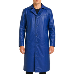 Men's Blue Long Genuine Leather Buttoned Casual Trench Coat