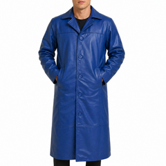 Men's Blue Long Genuine Leather Buttoned Casual Trench Coat