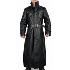 Men's Crocodile Embossed Black Genuine Leather Belted Coat