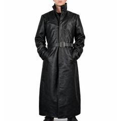 Men's Crocodile Embossed Black Genuine Leather Belted Coat