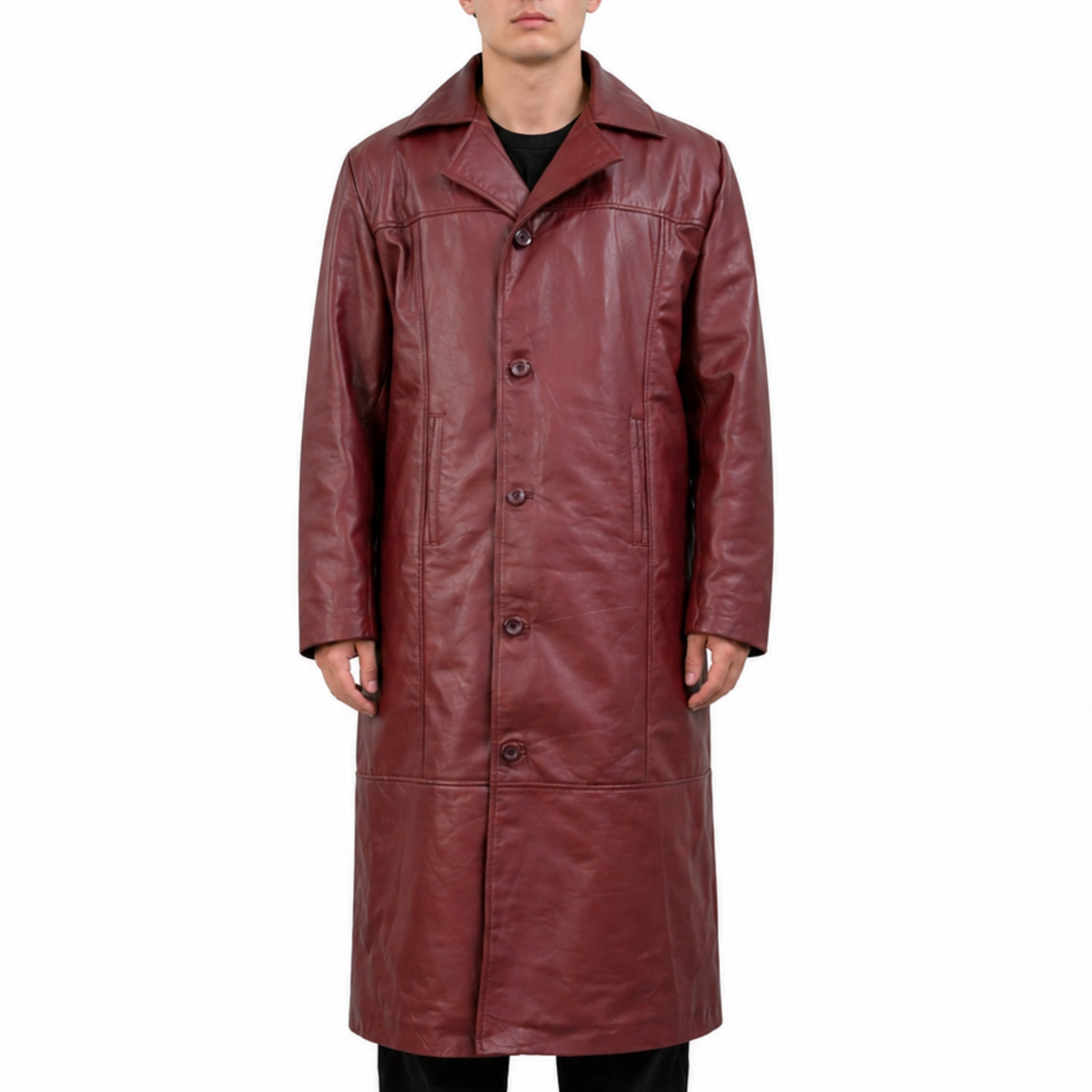 Men's Maroon Long Genuine Leather Casual Trench Coat