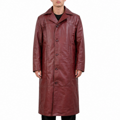 Men's Maroon Long Genuine Leather Casual Trench Coat