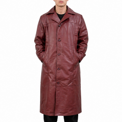 Men's Maroon Long Genuine Leather Casual Trench Coat