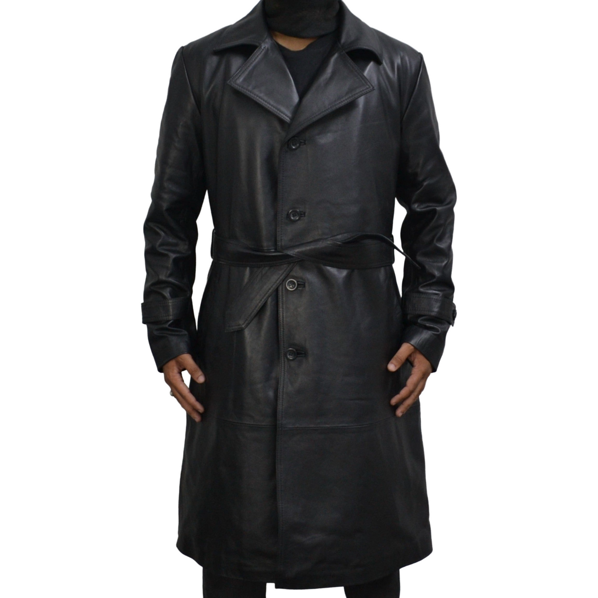 Men's Black Genuine Leather Mid-Length Belted Trench Coat