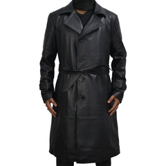 Men's Black Genuine Leather Mid-Length Belted Trench Coat