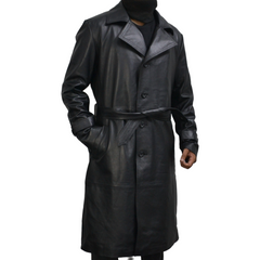 Men's Black Genuine Leather Mid-Length Belted Trench Coat
