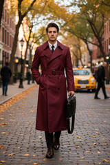 Men's Long Maroon Wool Trench Coat – Belted Overcoat