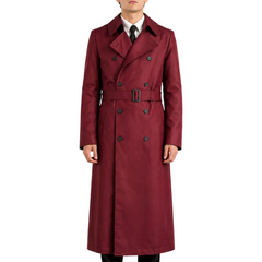 Men's Long Maroon Red Belted Genuine Wool Trench Coat