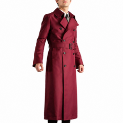 Men's Long Maroon Red Belted Genuine Wool Trench Coat