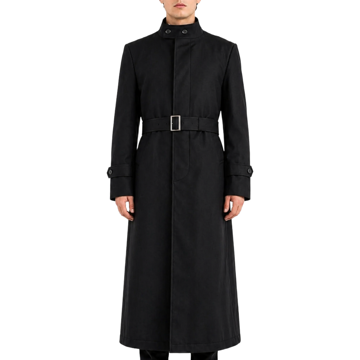 Men's Black Long Snap Button Genuine Wool Trench Belted Coat
