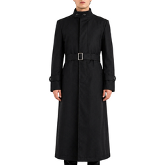 Men's Black Long Snap Button Genuine Wool Trench Belted Coat