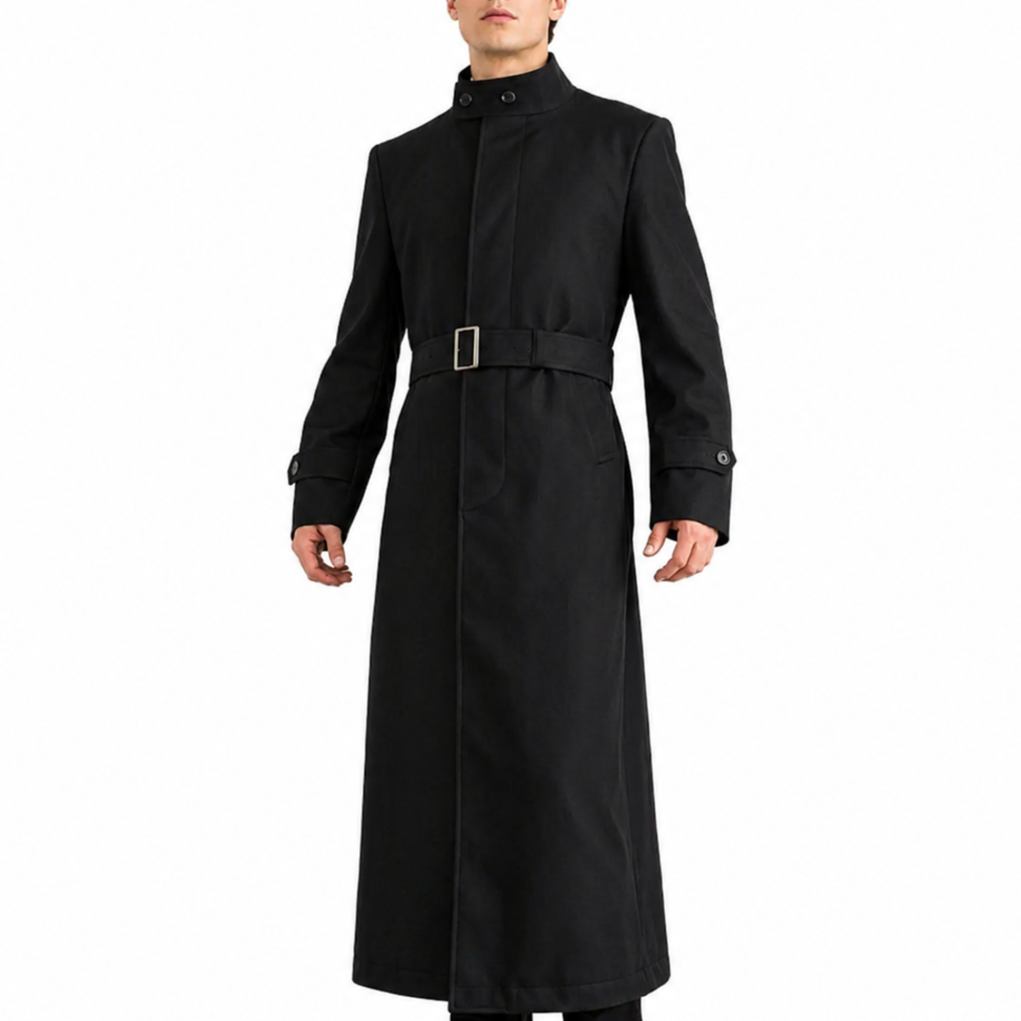 Men's Black Long Snap Button Genuine Wool Trench Belted Coat Men's Black Long Snap Button Genuine Wool Trench Belted Coat