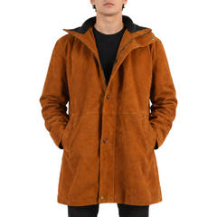 Mens Brown Three Quarter Trench Suede Leather Coat