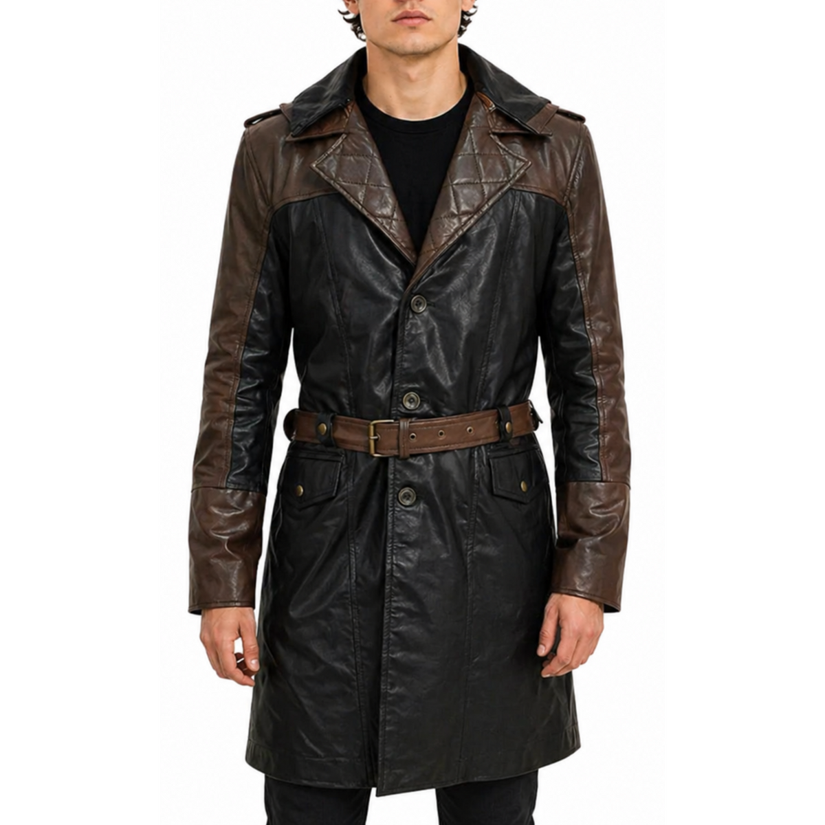 Mens Fashion Brown and Black Dorian Hoodie Creed Leather Coat