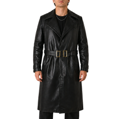 Men's German WWII Wehrmacht SS Officers Long Black Belted Genuine Leather Trench Coat