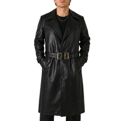 Men's German WWII Wehrmacht SS Officers Long Black Belted Genuine Leather Trench Coat