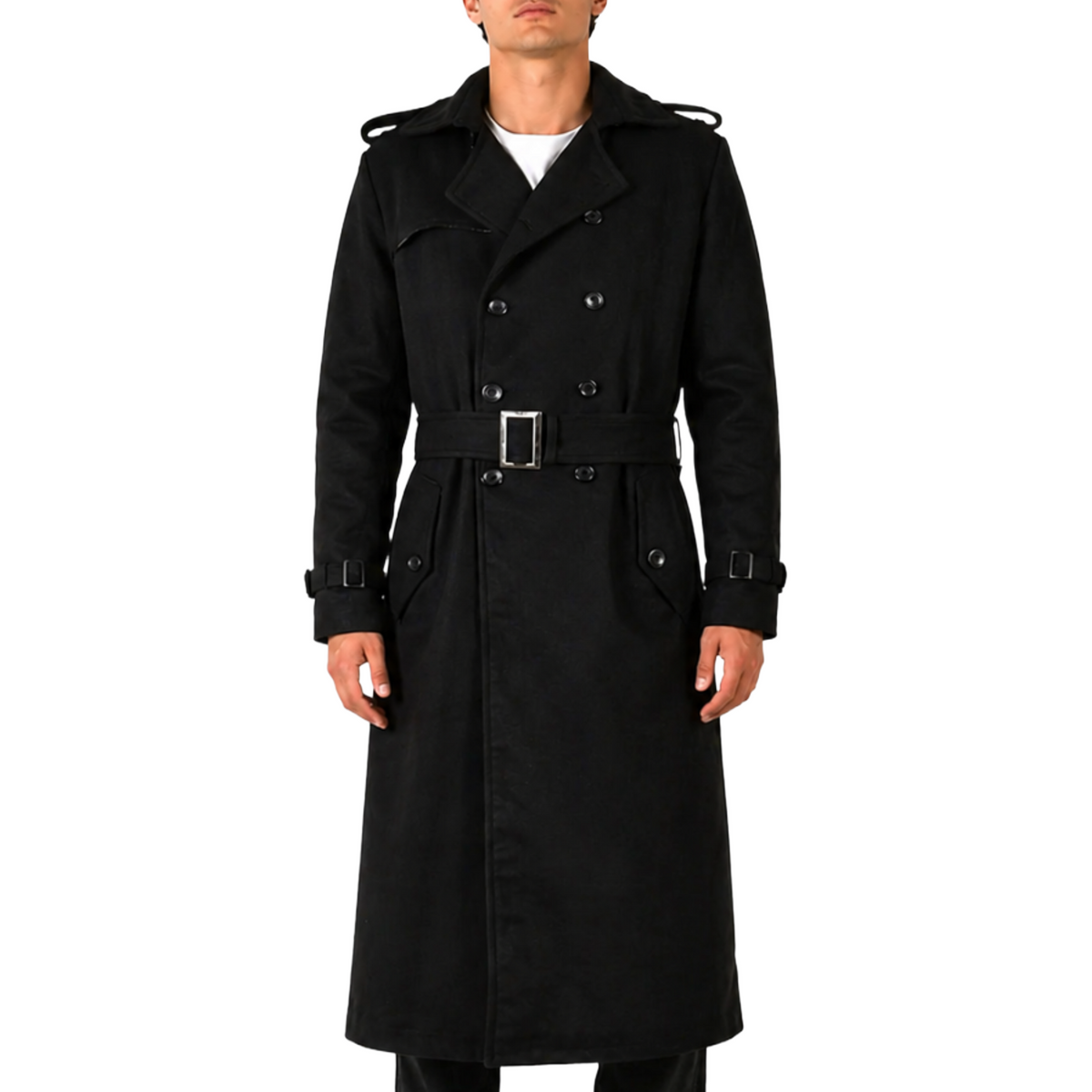 Men's Black Long Double-Breasted Belted Real Wool Coat