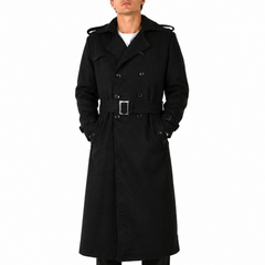 Men's Black Long Double-Breasted Belted Real Wool Coat