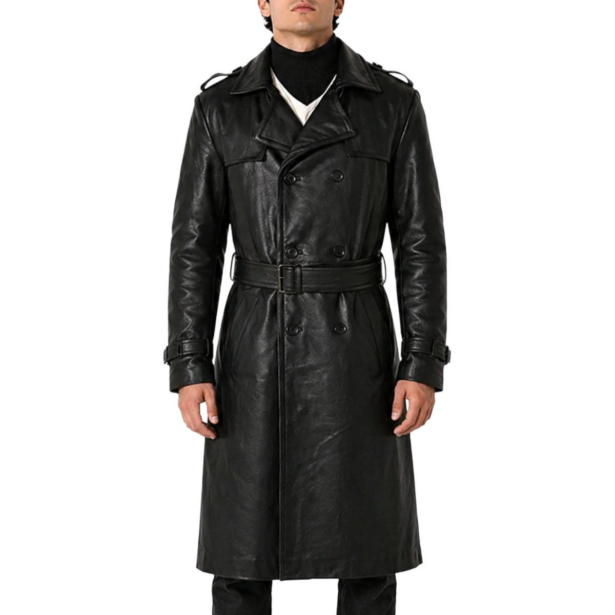 Mens Belted Black Trench Genuine Leather Coat With Lapel Collar