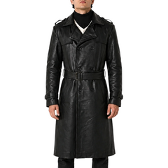 Mens Belted Black Trench Genuine Leather Coat With Lapel Collar
