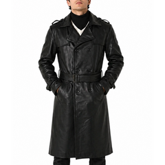 Mens Belted Black Trench Genuine Leather Coat With Lapel Collar