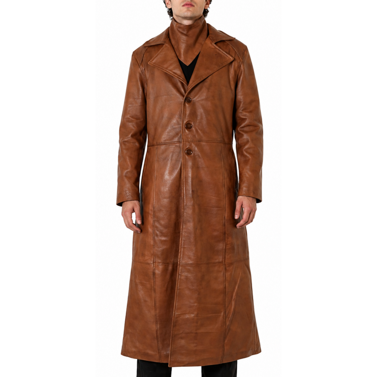 Mens Single Breasted Waxed Brown Long Leather Coat