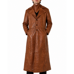 Mens Single Breasted Waxed Brown Long Leather Coat