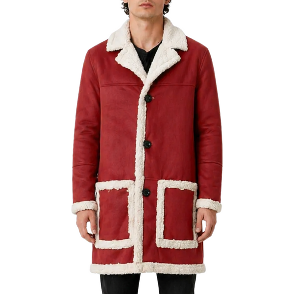Men's Santa Claus Christmas Red Wool Trench Coat - Sherpa Fur