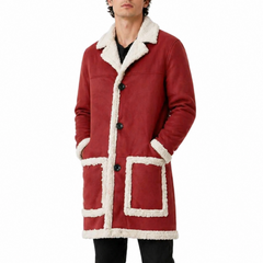 Men's Santa Claus Christmas Sherpa Fur Long Red Wool Trench Coat