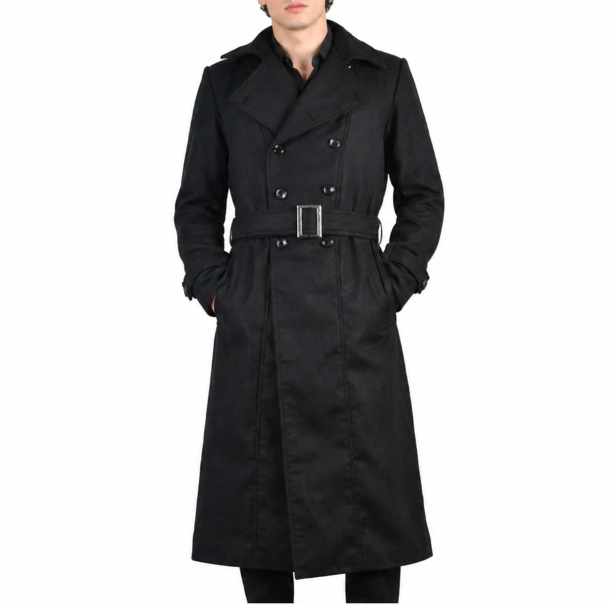 Men's Black Long Double-Breasted Belted Genuine Wool Coat – South