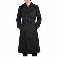 Men's Black Long Double-Breasted Belted Genuine Wool Coat