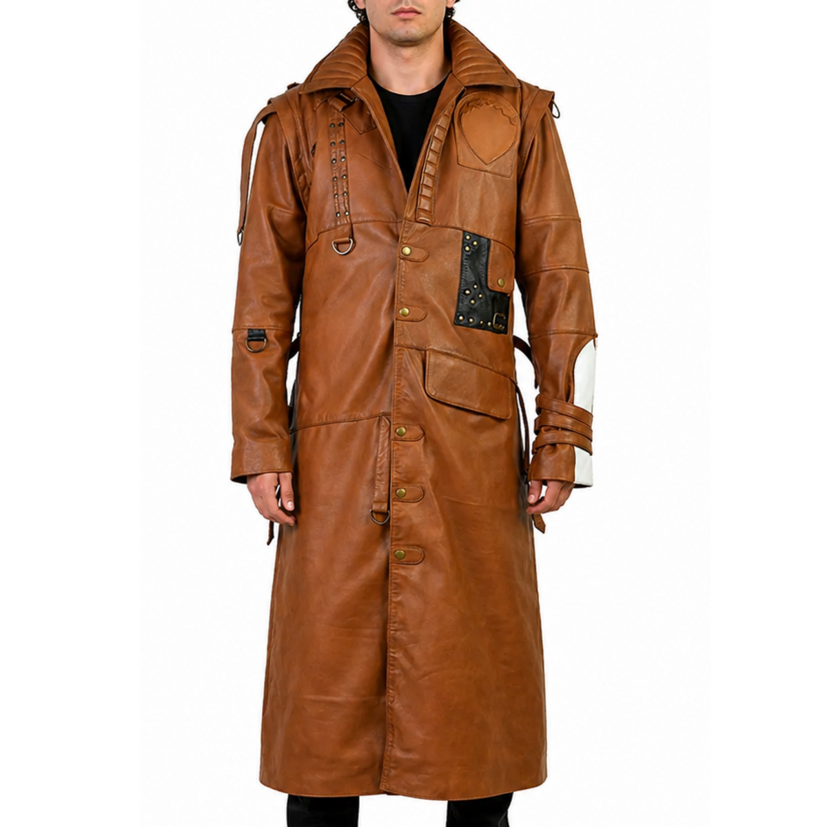 Mens Designer Tan Cosplay Costume Leather Trench Coat