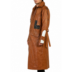Mens Designer Tan Cosplay Costume Leather Trench Coat