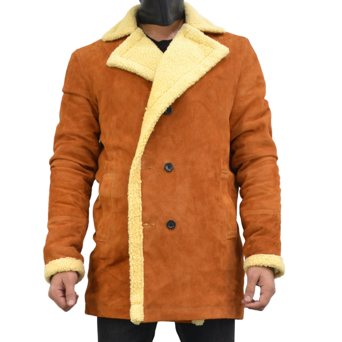 Men's Double Breasted Shearling Fur Suede Tan Leather Jacket