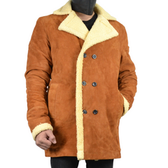 Men's Double Breasted Shearling Fur Suede Tan Leather Jacket