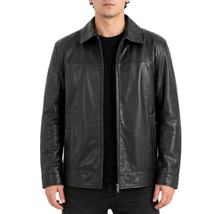 Men's Black Short Length Zip up Genuine Leather Coat
